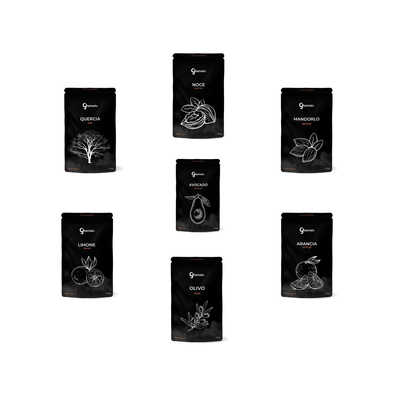 The seven smoking wood packs in the Affumicami set